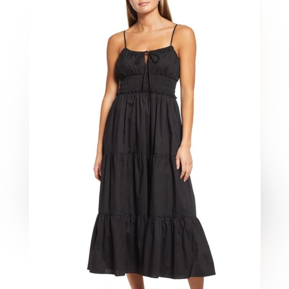Wayf Black Tiered Smocked Midi Dress